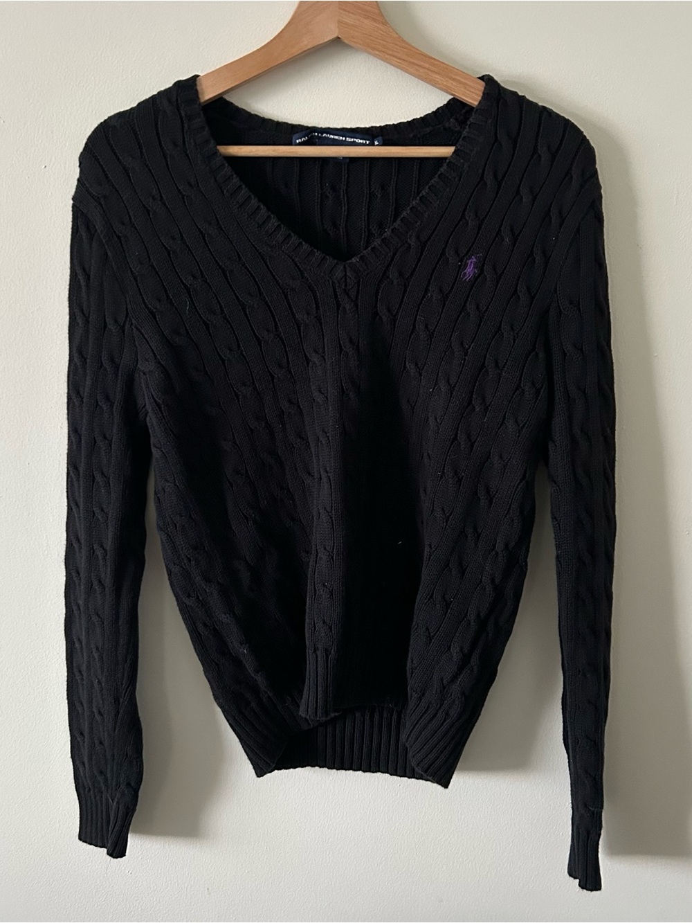 Ralph Lauren Black Cable-Knit V-Neck Sweater with Purple Pony